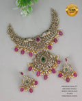 Mehanddi Finish Antique Gold Kundan Necklace Set with Chandbali Earrings