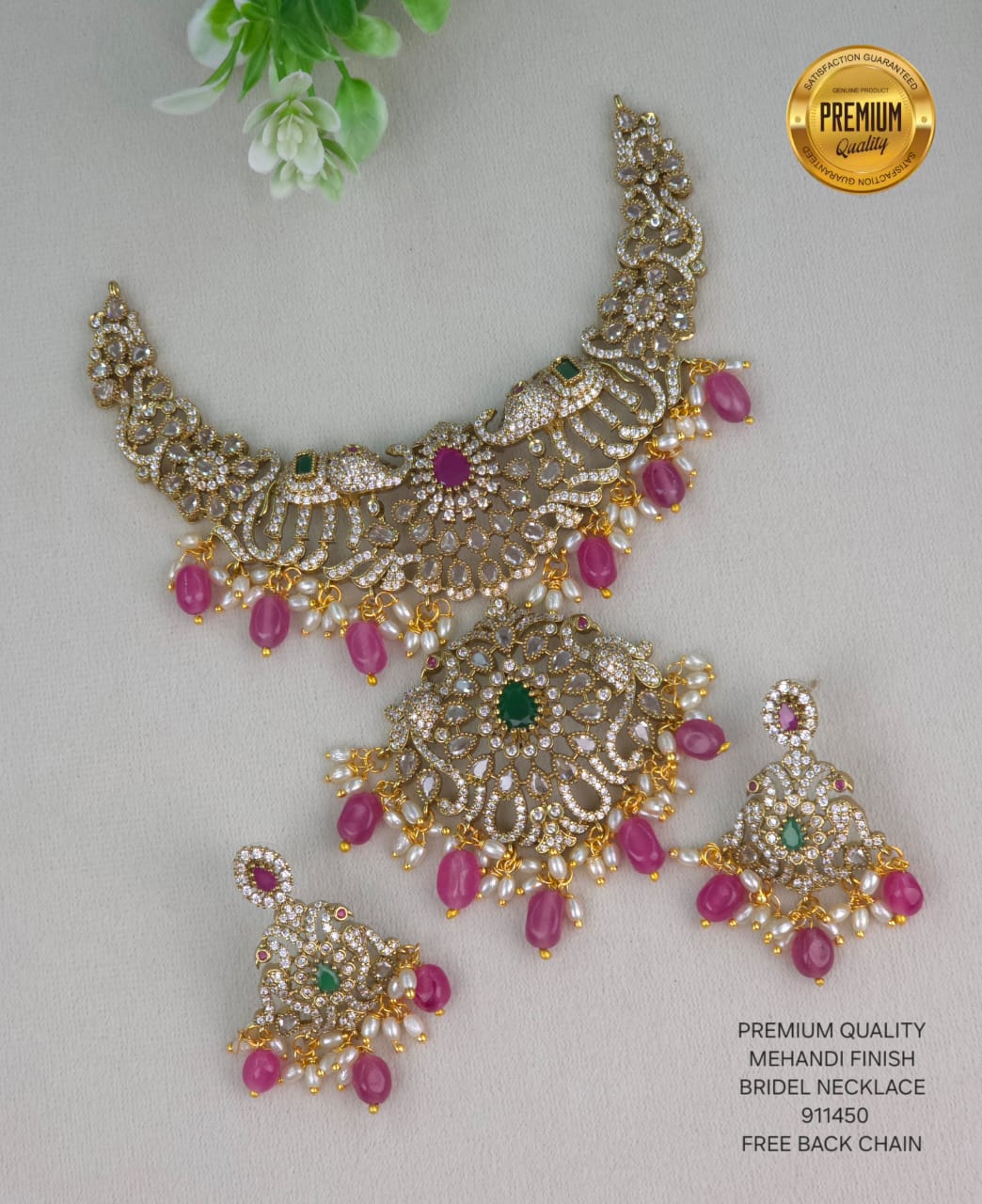 Mehanddi Finish Antique Gold Kundan Necklace Set with Chandbali Earrings