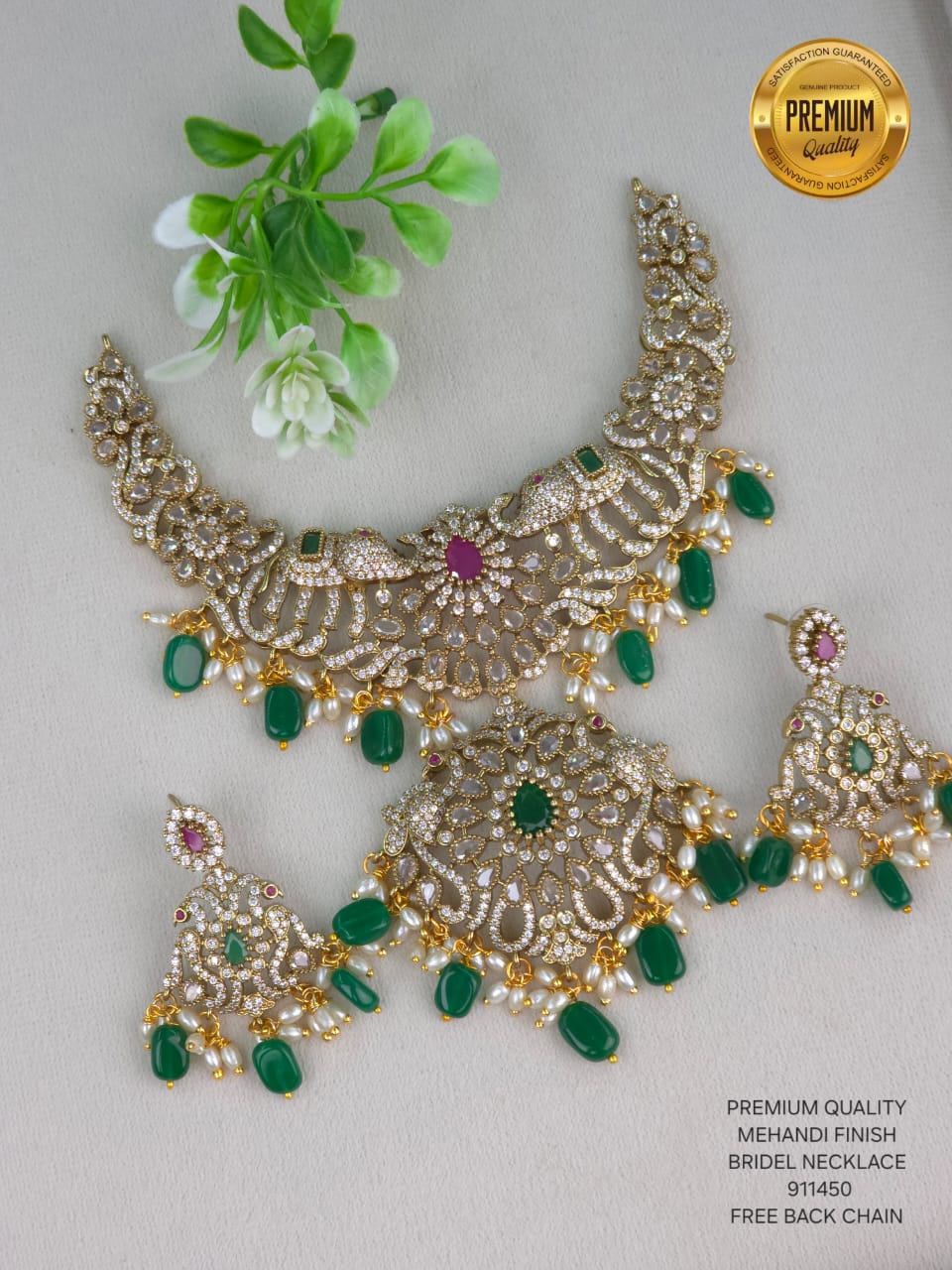 Mehanddi Finish Kundan Bridal Necklace Set with Chandbali Earrings