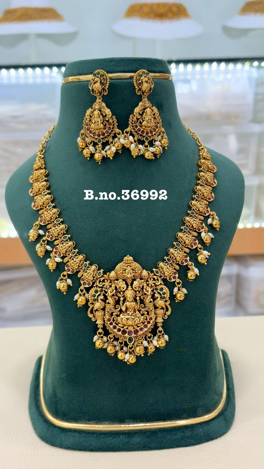 Grand Lakshmi Bridal Haram – Antique Temple Necklace with Ruby, Emerald & Pearl Drops