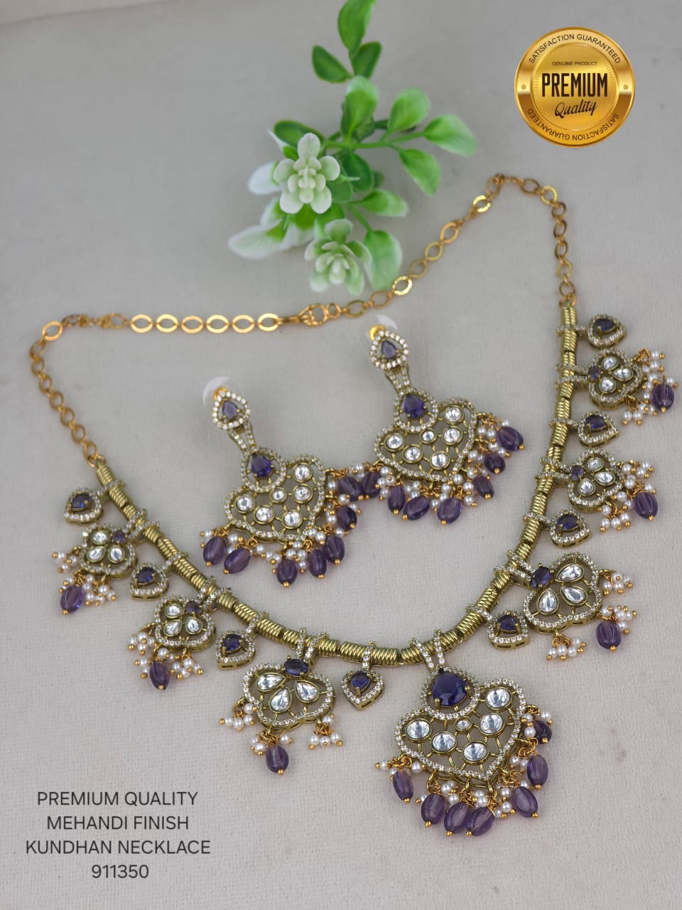 Mehanddi Finish Antique Gold Kundan Necklace Set with Chandbali Earrings and Pearls