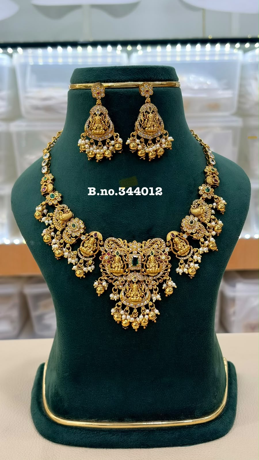 Premium Lakshmi Peacock Temple Necklace Set with Emerald Stones – South Indian Bridal Jewellery