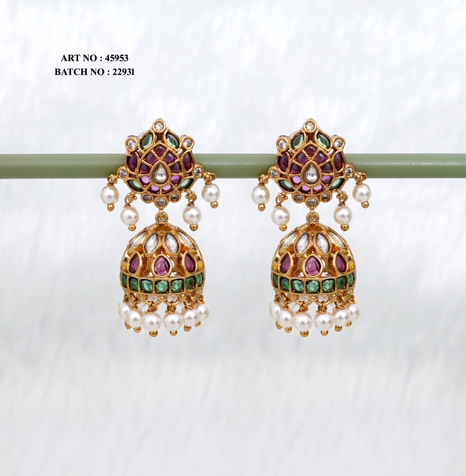 Premium Kundan Lotus Jhumka Earrings – Ruby, Green & Pearl Accents