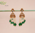 Antique Gold Green Stone and Pearl Tassel Jhumka Earrings