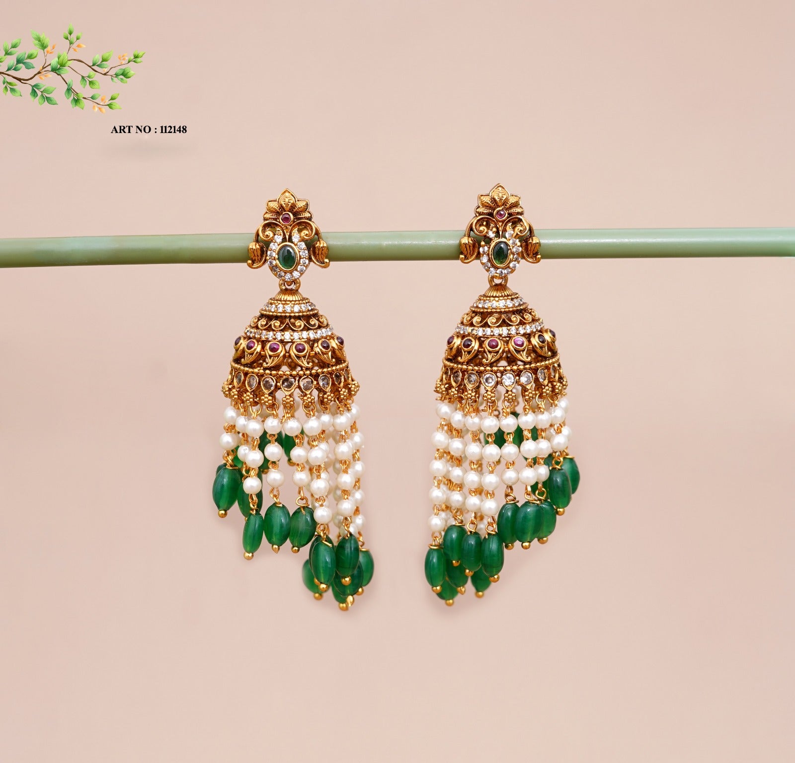 Antique Gold Green Stone and Pearl Tassel Jhumka Earrings