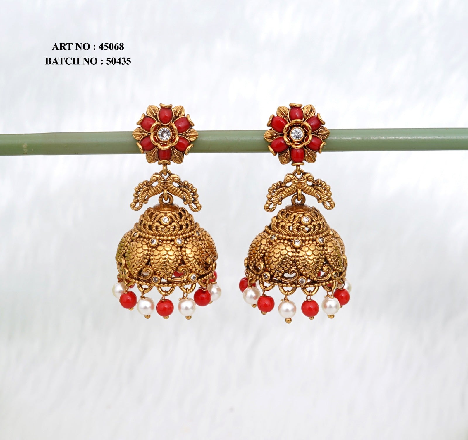 Antique Gold Coral Pearl Floral Jhumka Earrings