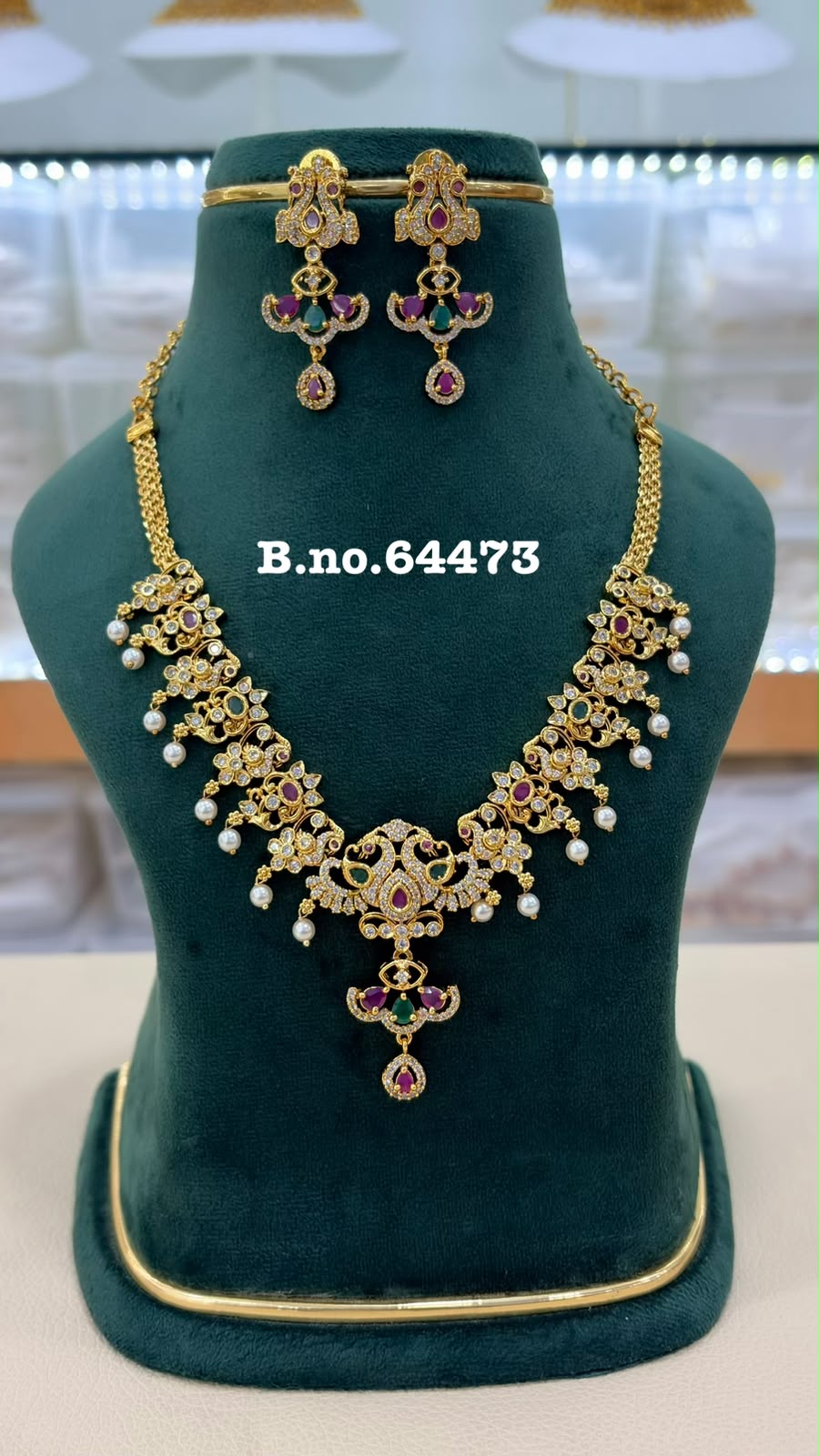 Antique Gold Victorian Peacock Necklace Set with CZ and Ruby-Green Stones