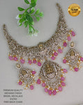 Mehanddi Finish Lakshmi Temple Bridal Necklace Set with Pink Stones and Pearls