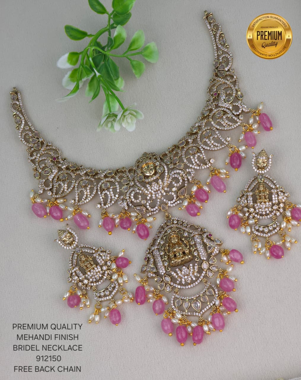 Mehanddi Finish Lakshmi Temple Bridal Necklace Set with Pink Stones and Pearls