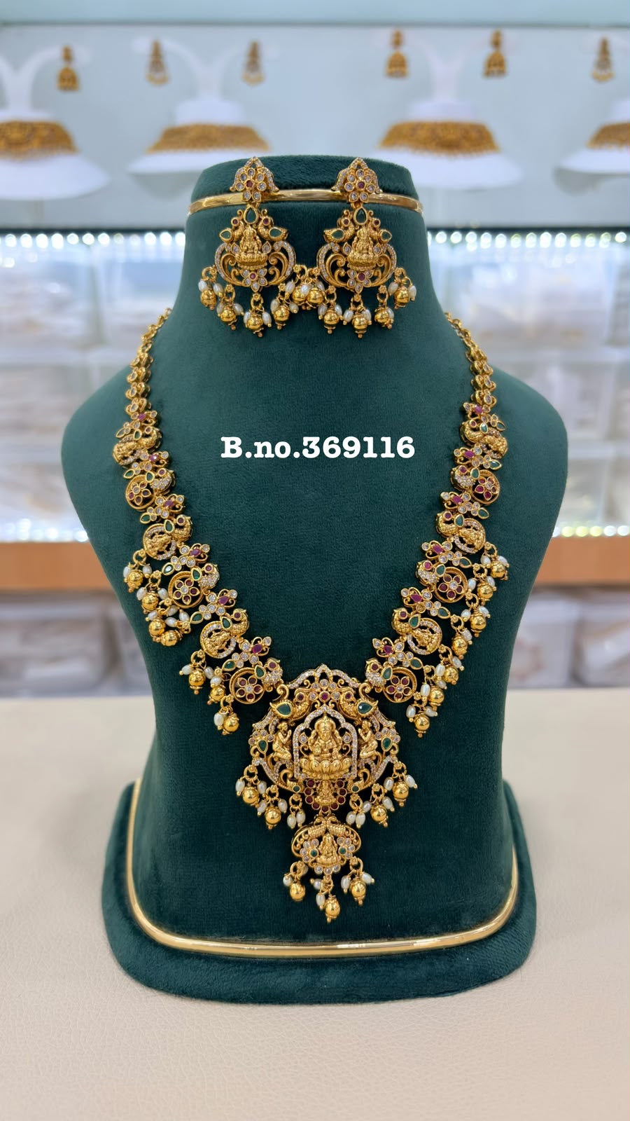 Designer Lakshmi Haram Peacock Temple Necklace with Ruby and Emerald Detailing