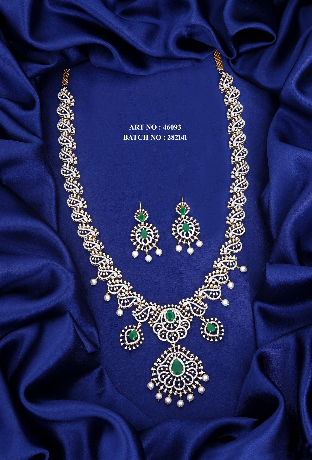Designer Pendant Necklace Set with Green Stones and American Diamonds
