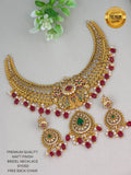 Antique Gold Matt Finish Bridal Necklace Set with Ruby, Green, and CZ Stones