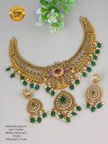 Matt Finish Antique Gold Temple Necklace Set with Green Stones and Pearls – South Indian Bridal Jewellery