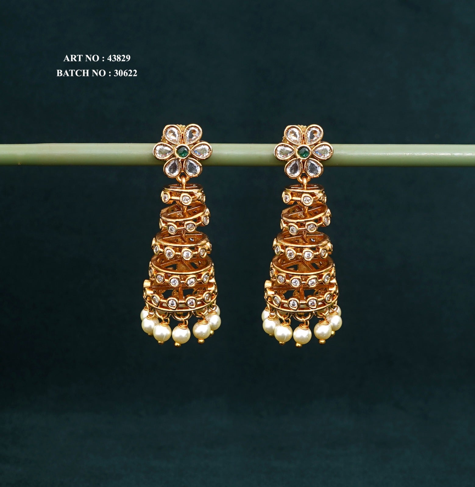 Floral Layered Jhumka Earrings with CZ and Pearl Accents