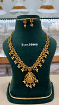 Lakshmi Haram Necklace Set with Ruby Stones and Pearl Drops – South Indian Antique Gold Finish Temple Jewellery