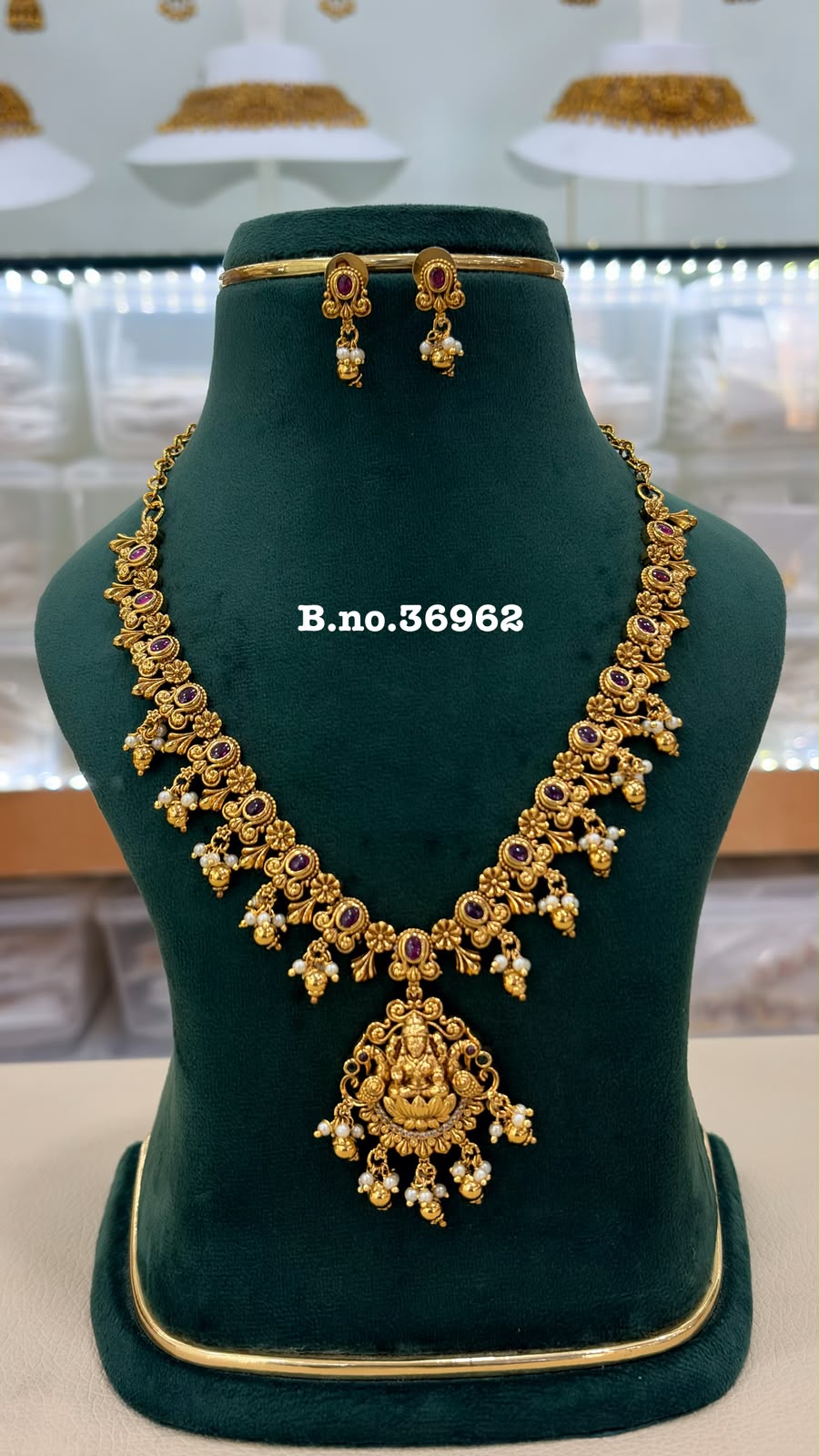Lakshmi Haram Necklace Set with Ruby Stones and Pearl Drops – South Indian Antique Gold Finish Temple Jewellery