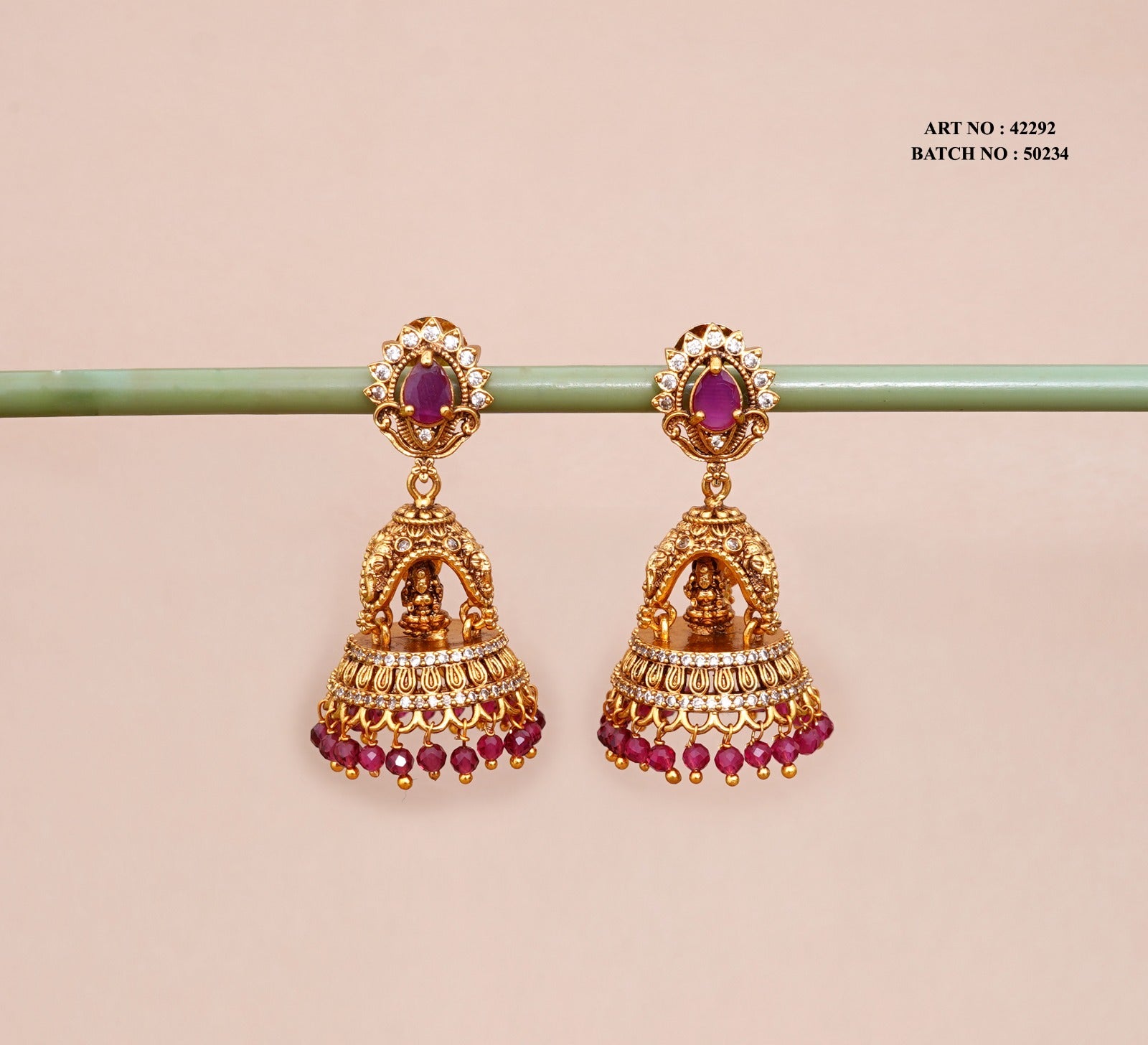 Lakshmi Ruby Bead Jhumka Earrings – Traditional South Indian Temple Jewellery