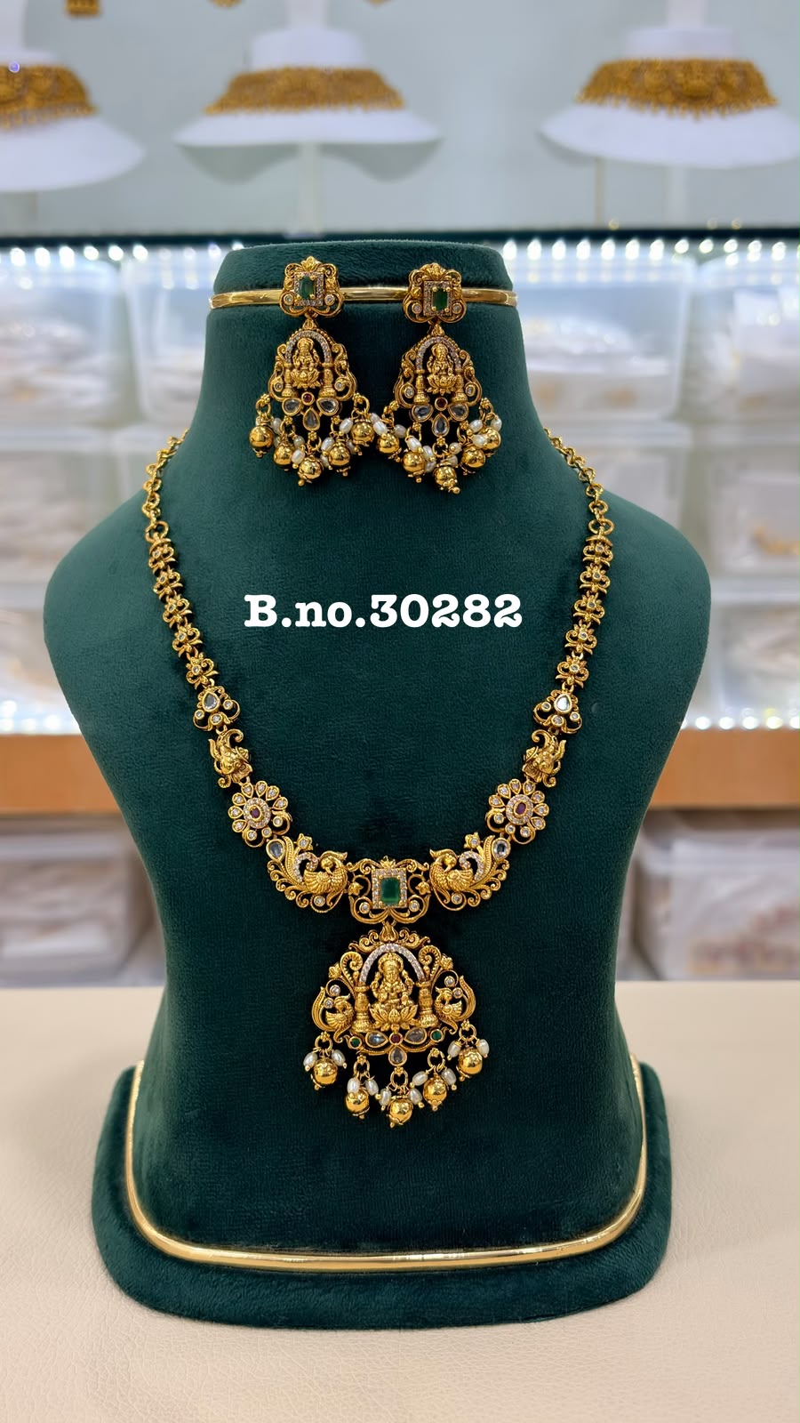 Elegant Lakshmi Pendant Necklace | Antique Gold Temple Jewellery with Emerald Stone