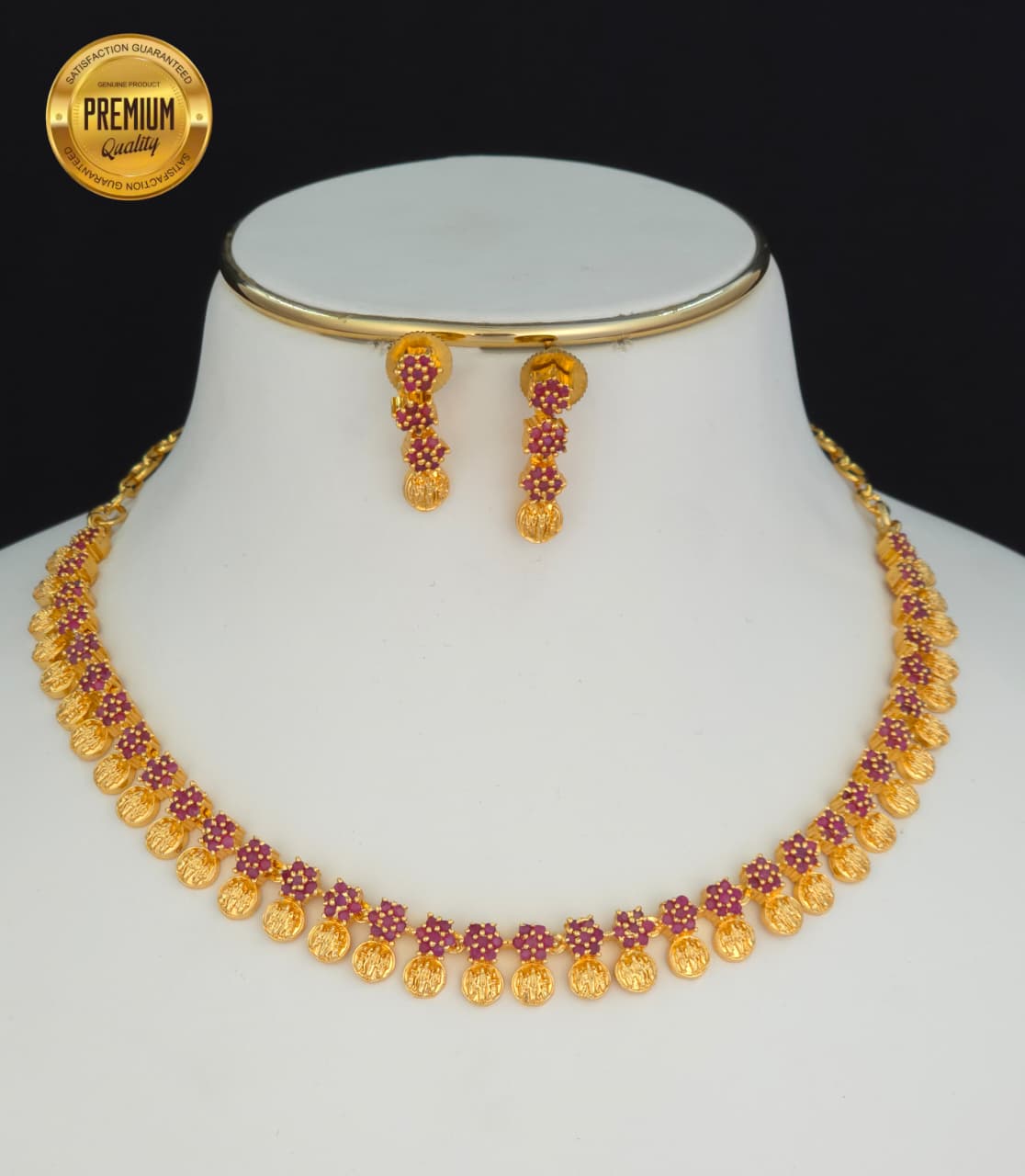 Lakshmi Coin Antique Gold Finish Temple Necklace Set with Earrings