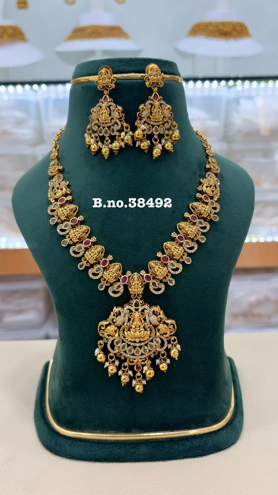 Lakshmi Kundan Ruby Stone Antique Gold Temple Necklace Set