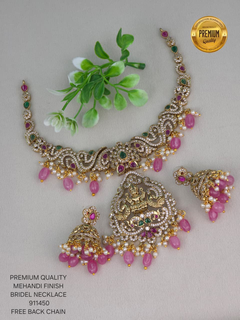 Mehanddi Finish Antique Gold Kundan Necklace Set with Chandbali Earrings