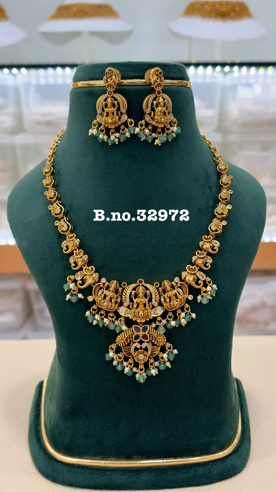 Lakshmi Temple Necklace with Emerald Beads – Antique Gold Finish South Indian Bridal Jewellery