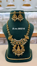 Peacock Lakshmi Bridal Necklace Set with Pearl Hangings – Antique Gold Finish, Emerald Green Temple Jewellery
