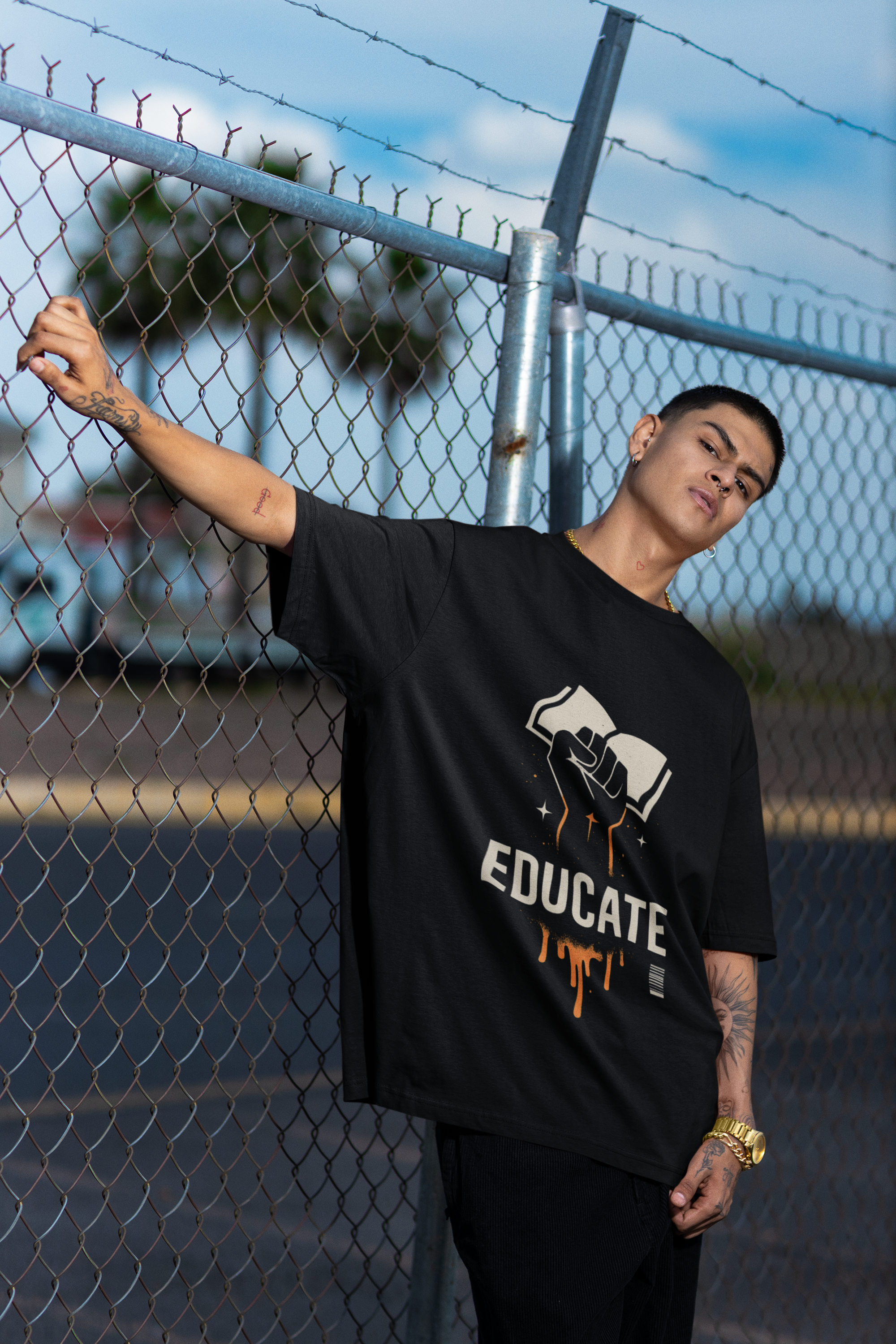 Men’s Oversized Graphic T-Shirt – Educate Protest Streetwear, Black Heavyweight Cotton