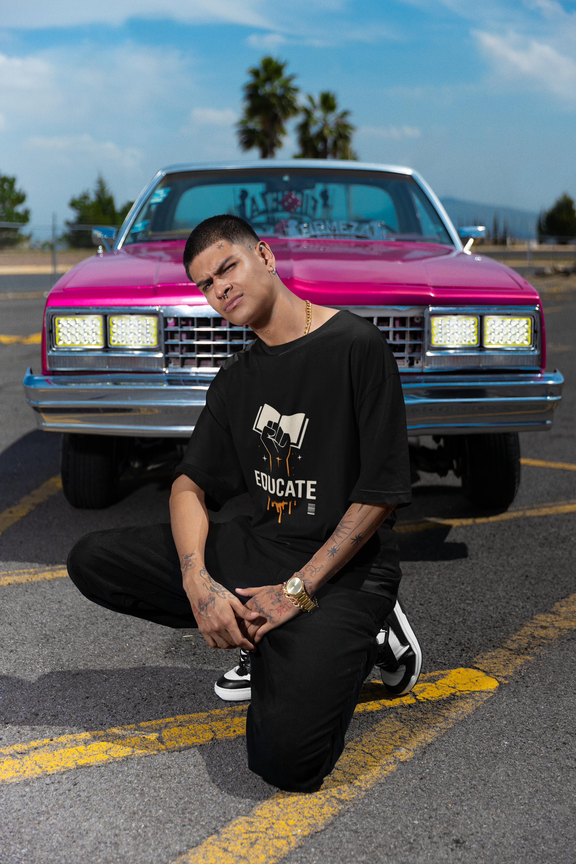Men’s Oversized Graphic T-Shirt – Educate Protest Streetwear, Black Heavyweight Cotton